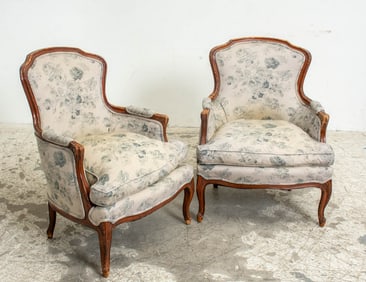 Pair of Louis XV Style Blue Floral Upholstered Armchairs
