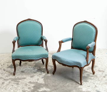 Pair of Louis XV Style Armchairs: . (36 1/2" h x 25" w x 22" d Seat to floor 17" h) Scratches and dings
