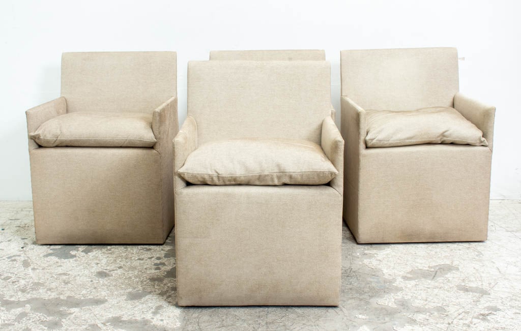 Set of Four Upholstered Dining Chairs: On casters (33" h x 23 1/2" Square Seat to floor 21" h) Needs cleaning