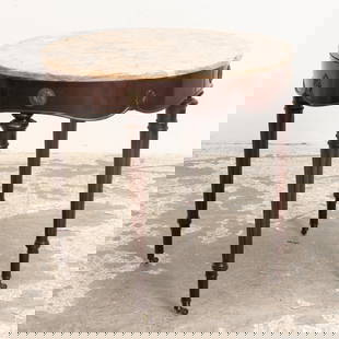 Marble Top Mahogany Side Table: . (27" h x 28" dia) Scratches