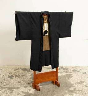 Japanese Silk Men's Haori: On kimono display stand (Stand 60" h x 50 1/4" w) Water damage, stains