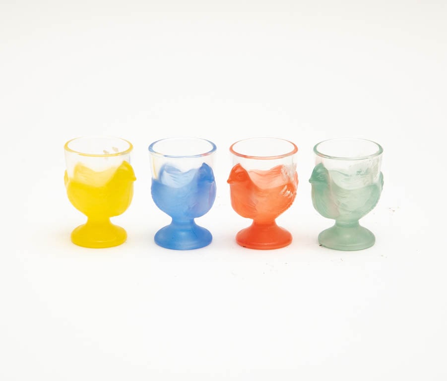 Set of Four Hen Form Glass Egg Cups: . (2 5/8" h x 1 7/8" dia) Good