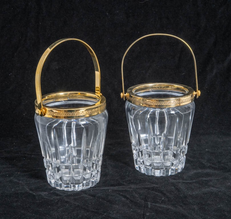 Pair of Glass and Gilt Metal Ice Buckets: . (5 1/2" h x 4 1/4" dia) Good