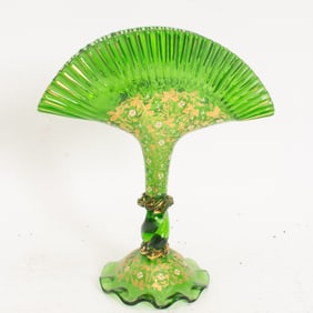 Gilt Decorated Green Glass Fan Vase