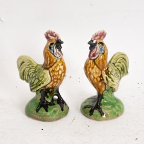 Pair of Glazed Porcelain Roosters