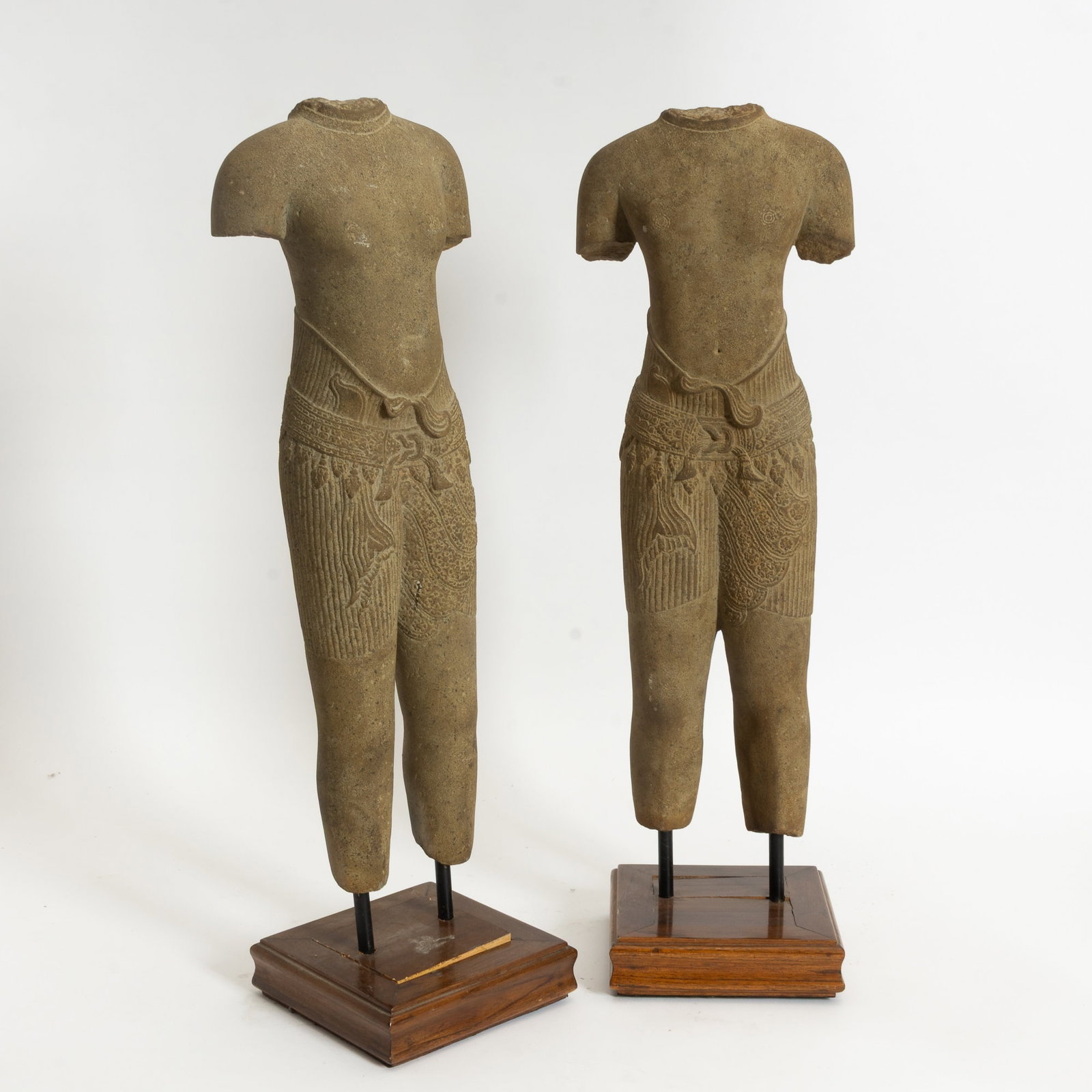 Pair of Khmer Headless Soapstone Sculptures: On wood base (28" h) AS IS