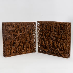 Pair of Southeast Asian Carved Wood Plaques