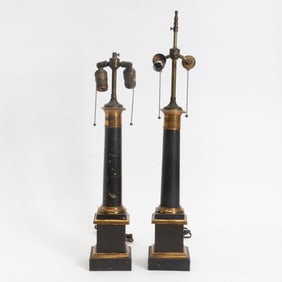 Pair of Black and Gilt Painted Metal Column Lamps
