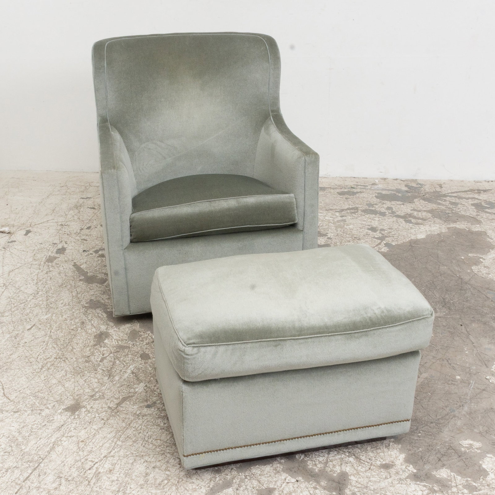 Mint Velveteen Upholstered Armchair: Together with matching ottoman (Armchair 33 1/2" h)