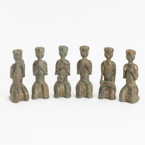 Set of Six Patinated Metal Chinese Figures