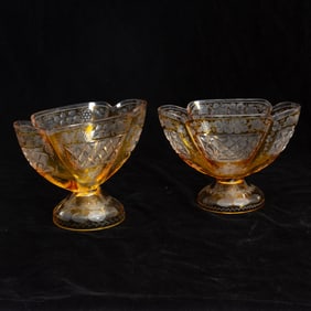 Pair of Etched Yellow Glass Compote Pedestal Bowls