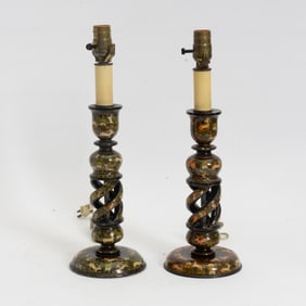 Pair of Paint Decorated Lacquer Spiral Candlesticks