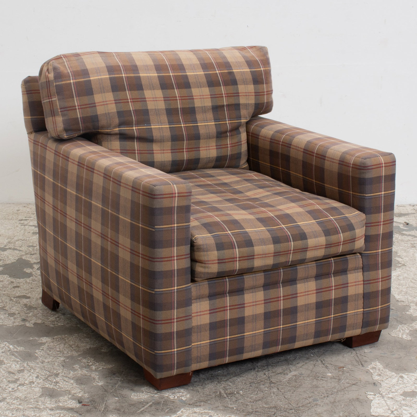 Ralph Lauren Upholstered Armchair: Brown plaid pattern (31" h x 32 1/2" w x 36" d Seat to floor 14" h) Slight fading