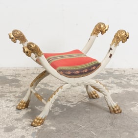 Continental White Painted and Partial Gilt Curule Bench