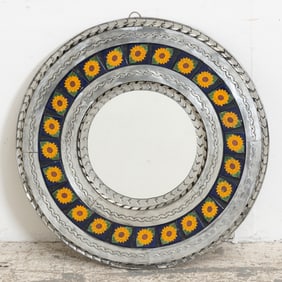Circular Southwest Style Metal and Tile Mirror