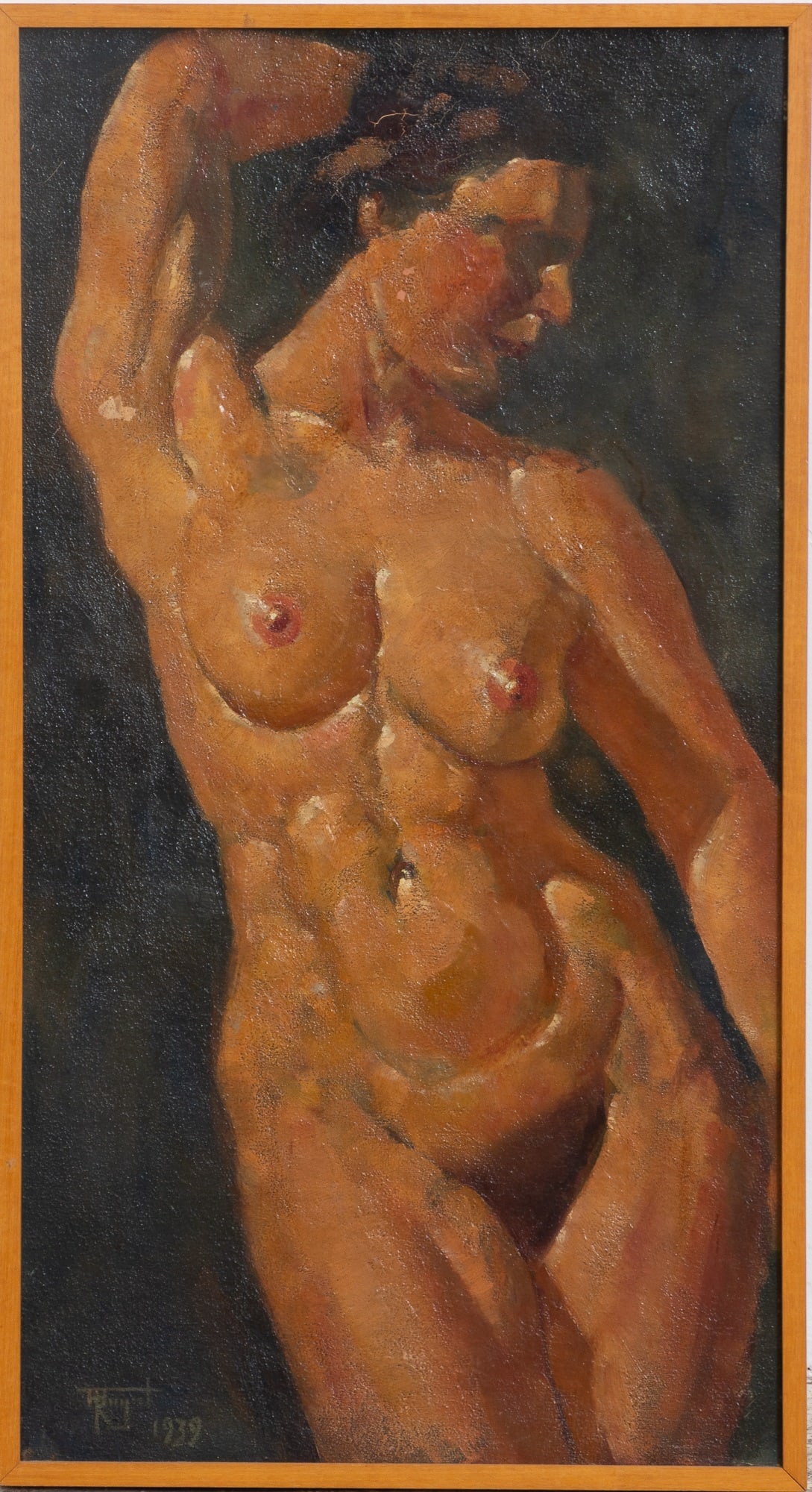20th Century School: Female Nude, 1939 Oil on board Signed and dated (ll) (Sight 31 5/8" h x 16 3/4" w Overall 33" x 18") cracking to canvas