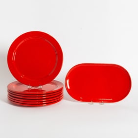 Set of Seven Red Glazed Ceramic Dinner Plates