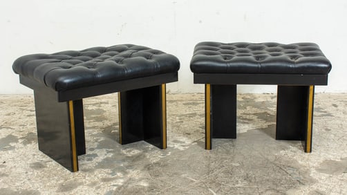 Pair of Mid Century Modern Black Painted Wood and Leather Stools