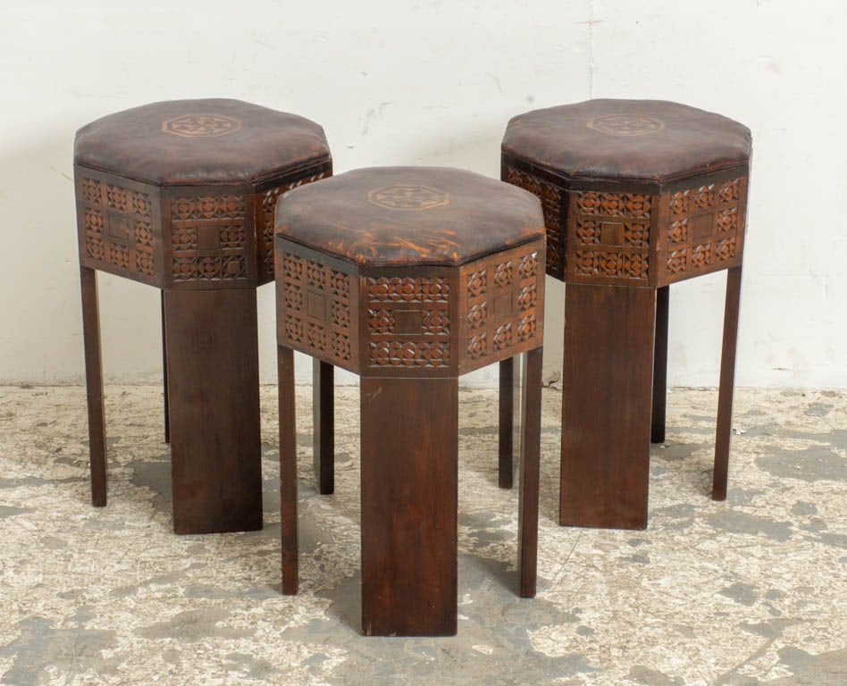 Group of Three Moroccan Style Carved Wood Stools (1 of 4)