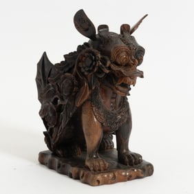 Asian Carved Hardwood Fu Lion Figure