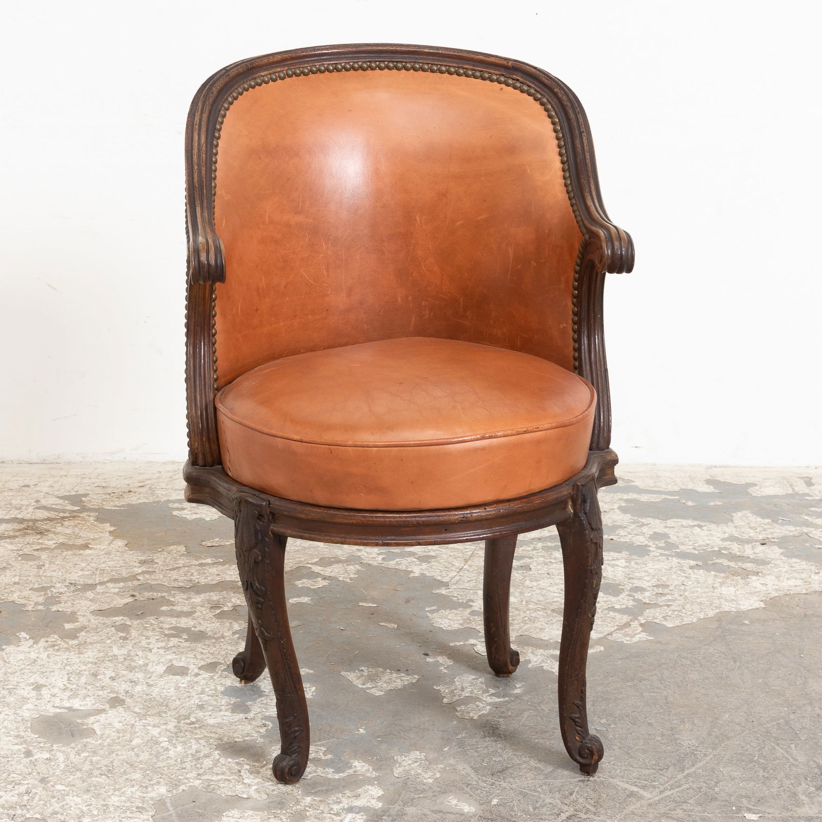 Mahogany Leather Upholstered Tub Chair: - (32" h x 20" w x 18" d Seat to floor 17" h) Scratches, cracks