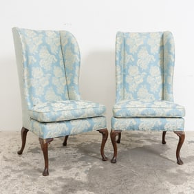 Pair of Blue Upholstered Wing-Back Chairs