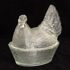 Molded Glass Hen Form Lidded Serving Bowl