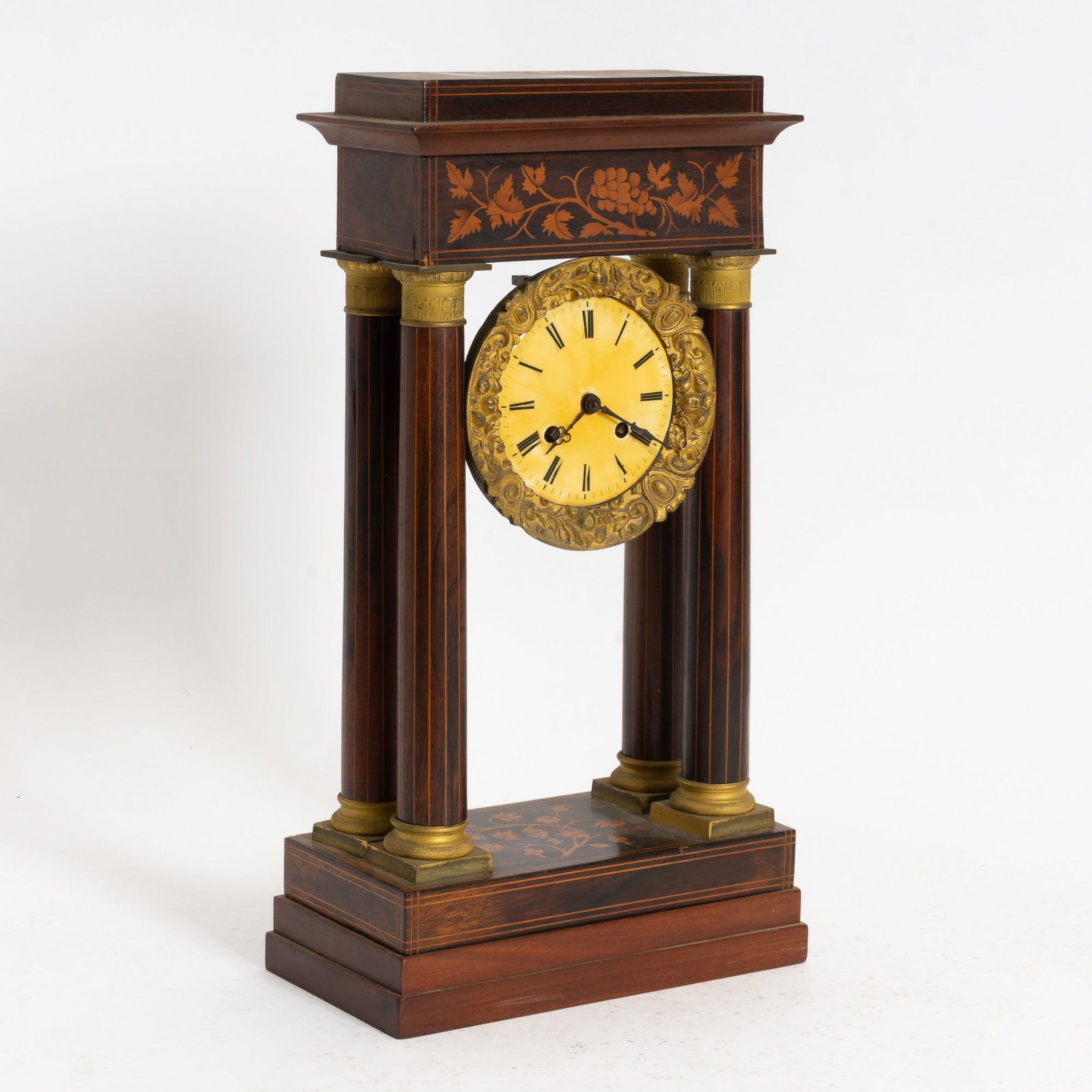 Marquetry Mahogany and Gilt Metal Mantle Clock: . (18" h x 9" w x 4 1/2" d) Scratches