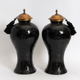 Pair of Black Glazed Ceramic Floor Urns