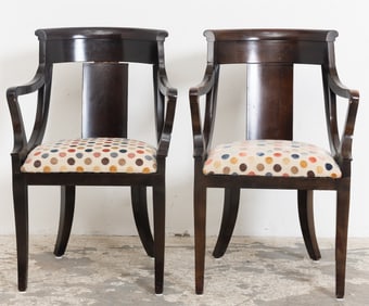 Pair of Baker "Klismos" Upholstered Ebonized Open Armchairs