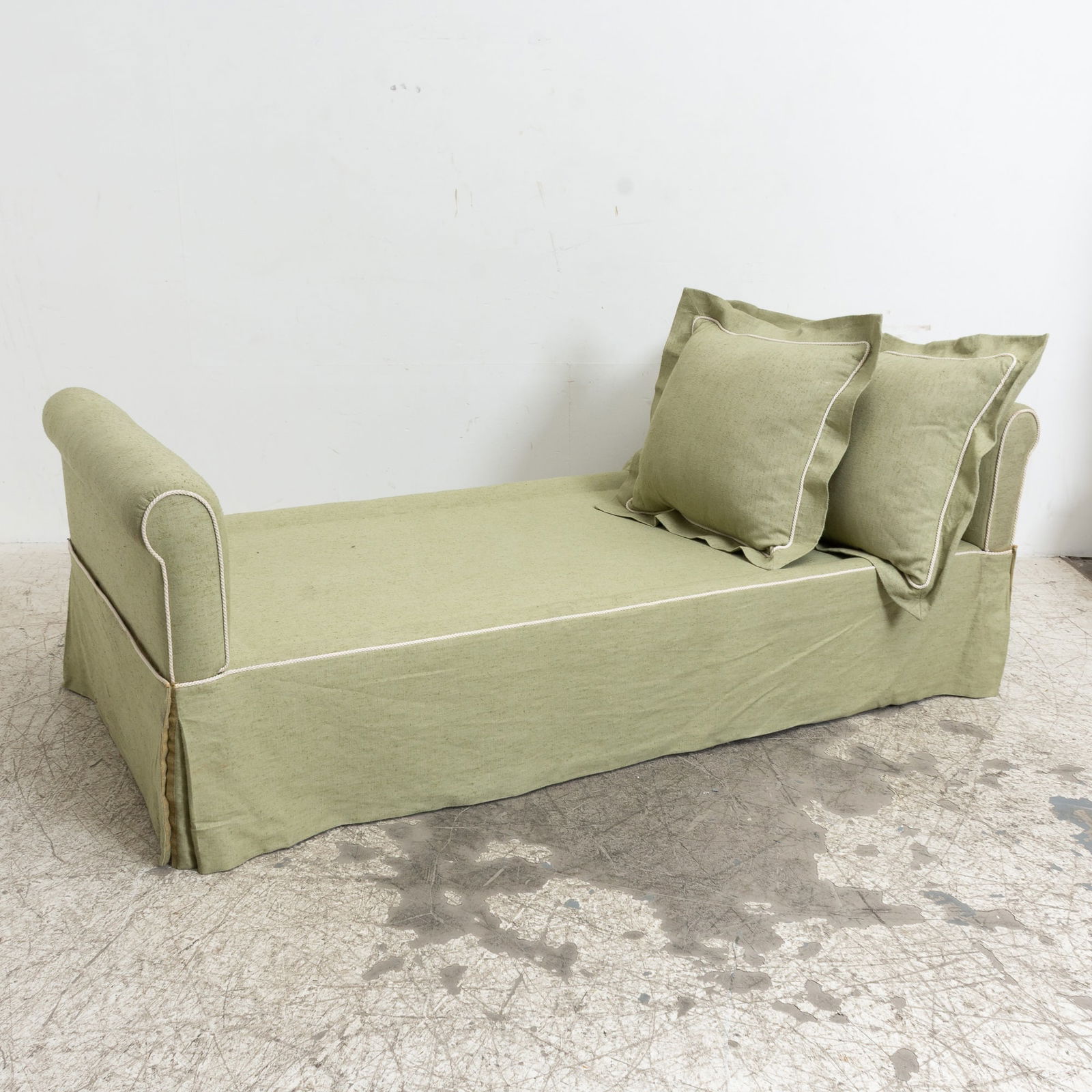 Green Upholstered Daybed: . (29" h x 87" w x 39 1/2" d Seat to floor 15" h) No cushion, stains, minor fading