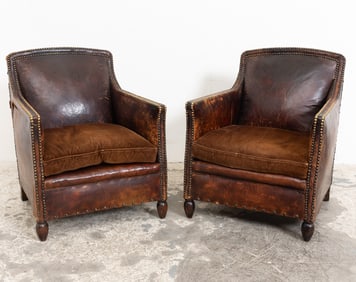 Pair of Brown Leather Upholstered Club Chairs