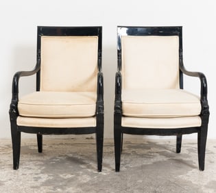 Pair of Empire style Ebonized Upholstered Armchairs