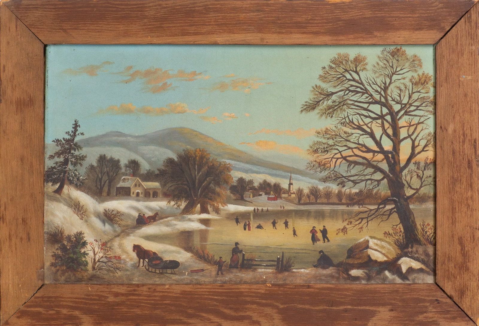 American School: Winter Scene Oil on canvas (Sight 11 3/8" h x 18 1/2" w Overall 15 3/4" h x 23" w) some warping and scratches to canvas