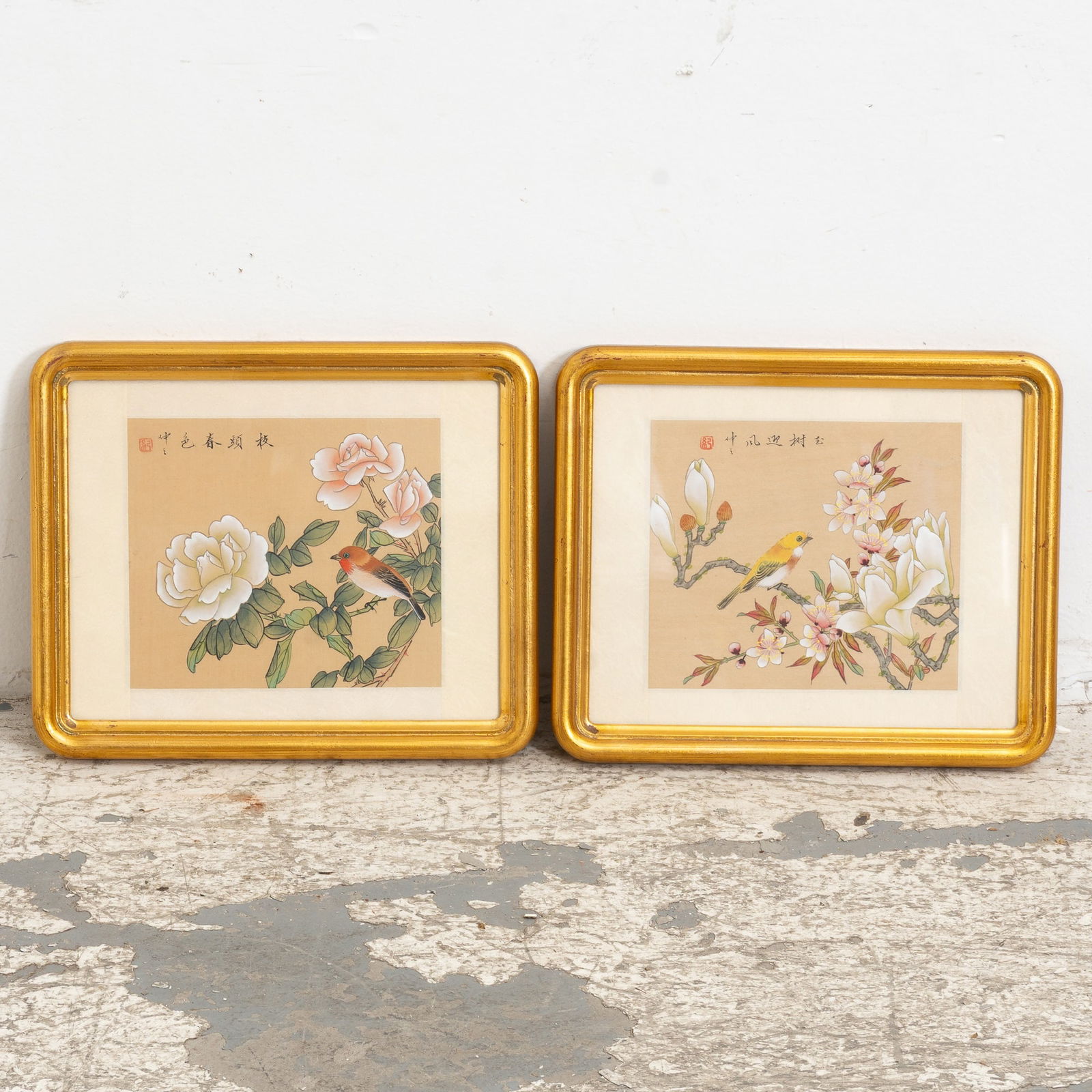 Chinese School : Two: Gouche on textile (Overall 9 3/8" h x 11 1/4" w) Good