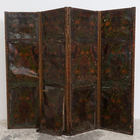 Dutch Polychrome-Decorated Tooled Leather Dressing Screen