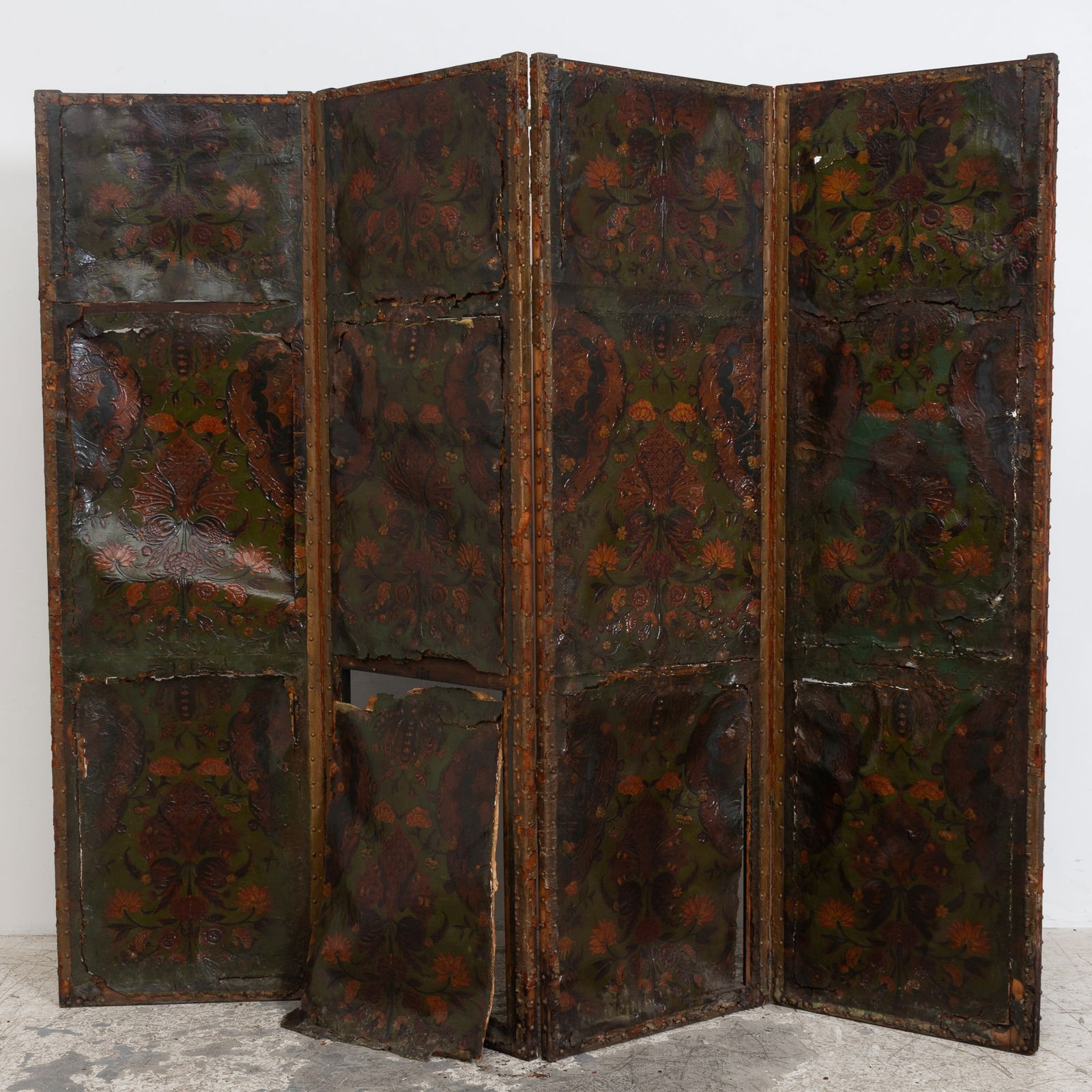Dutch Polychrome-Decorated Tooled Leather Dressing Screen (1 of 12)