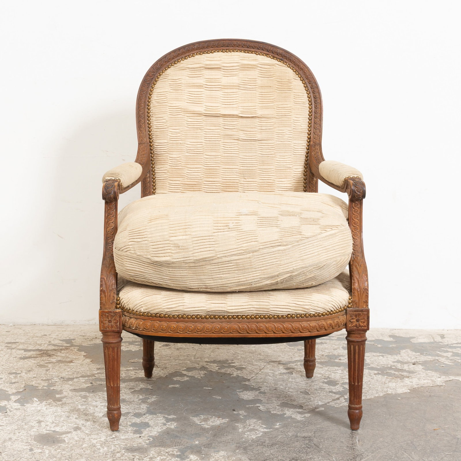 Louis XVI Style Beechwood Fauteuil: With white upholstery (40" h x 26" w x 17" d Seat to floor 15" h) pilling to upholstery, stains, scratches and dings
