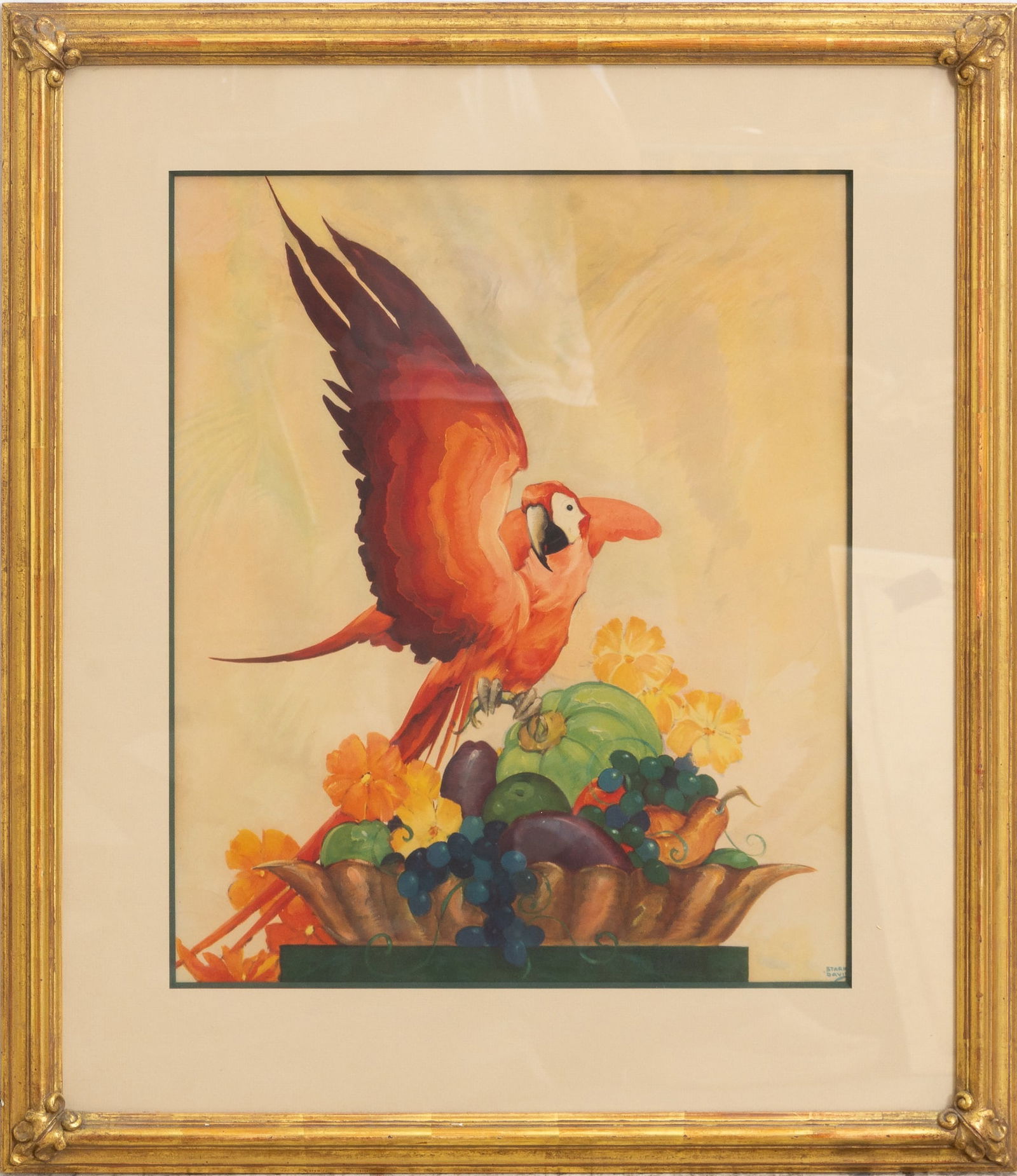 Winthrop Stark Davis: Parrot Print on board (Sight 19 1/2" h x 16 1/2" w Overall 9 1/4" x 25 1/2" ) Good