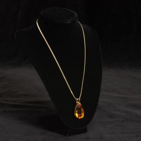 Gold and Citrine Pendant with Gold-Plated Chain Necklace