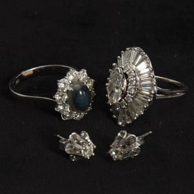 White Gold and Diamond Ring, Pair of Stud Earrings, and Agate Ring
