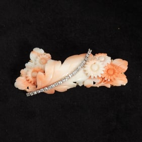 Two-Color Gold, Carved Angel Skin Coral and Diamond Brooch
