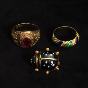 Group of Gold, Low Karat Gold, Enamel and Synthetic Ruby Jewelry