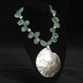Silver, Tumbled Fluorite Bead, Freshwater Pearl and Shell Pendant-Necklace