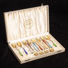 Set of Twelve Continental Silver and Enamel Demitasse Spoons