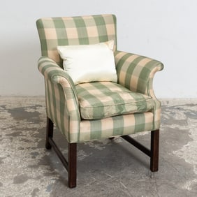 George III Style Green and White Plaid Upholstered Armchair