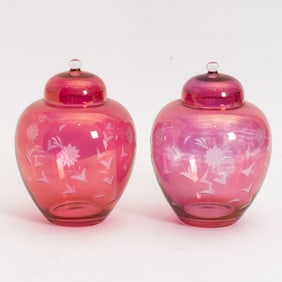 Pair of Etched Cranberry Glass Lidded Jars