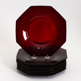 Set of Eight Octagonal Ruby Red Glass Plates