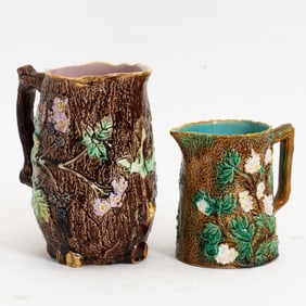 Two Majolica Glazed Ceramic Pitchers