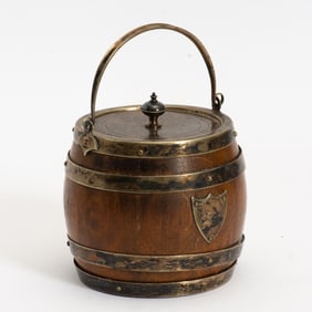 Mahogany Silverplate Mounted Barrel Form Ice Bucket